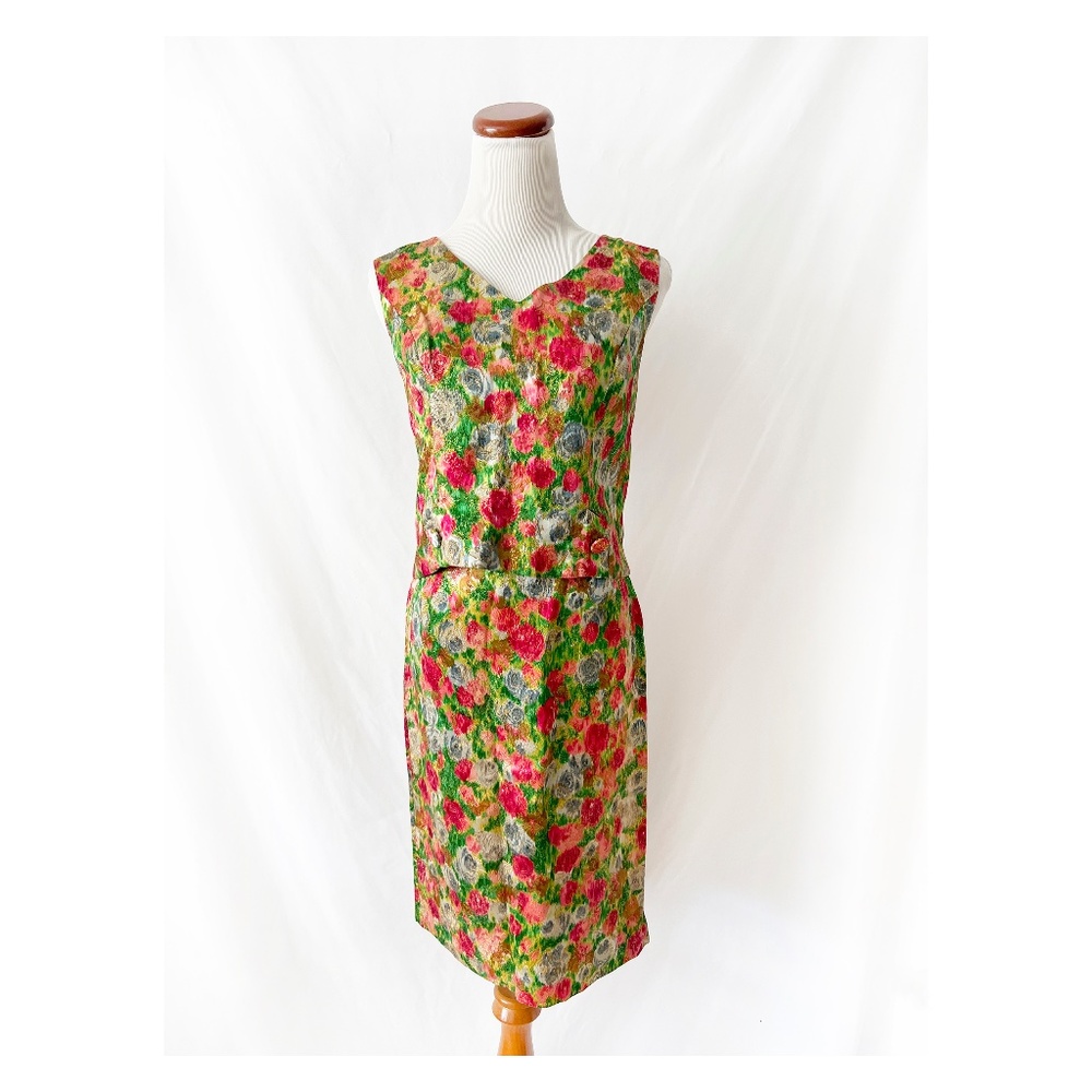 Vntg 60s Floral Skirt Set Gold and Red Roses Sleeveless size 2